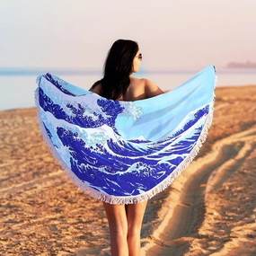 Violet Mist Blue Sea Wave Round Beach Blanket 60" Soft Microfibre Circular Beach Towel Throw with Fringe Large Sand Free Circle Beach Blanket with Tassels for Women Travel Swimming Pool Picnic Towel