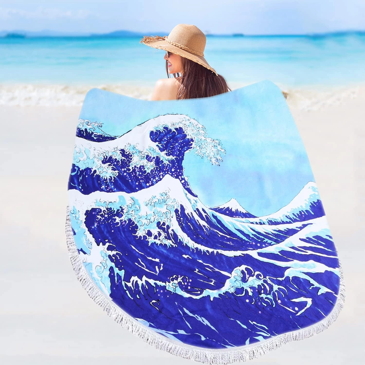 Violet Mist Blue Sea Wave Round Beach Blanket 60" Soft Microfibre Circular Beach Towel Throw with Fringe Large Sand Free Circle Beach Blanket with Tassels for Women Travel Swimming Pool Picnic Towel