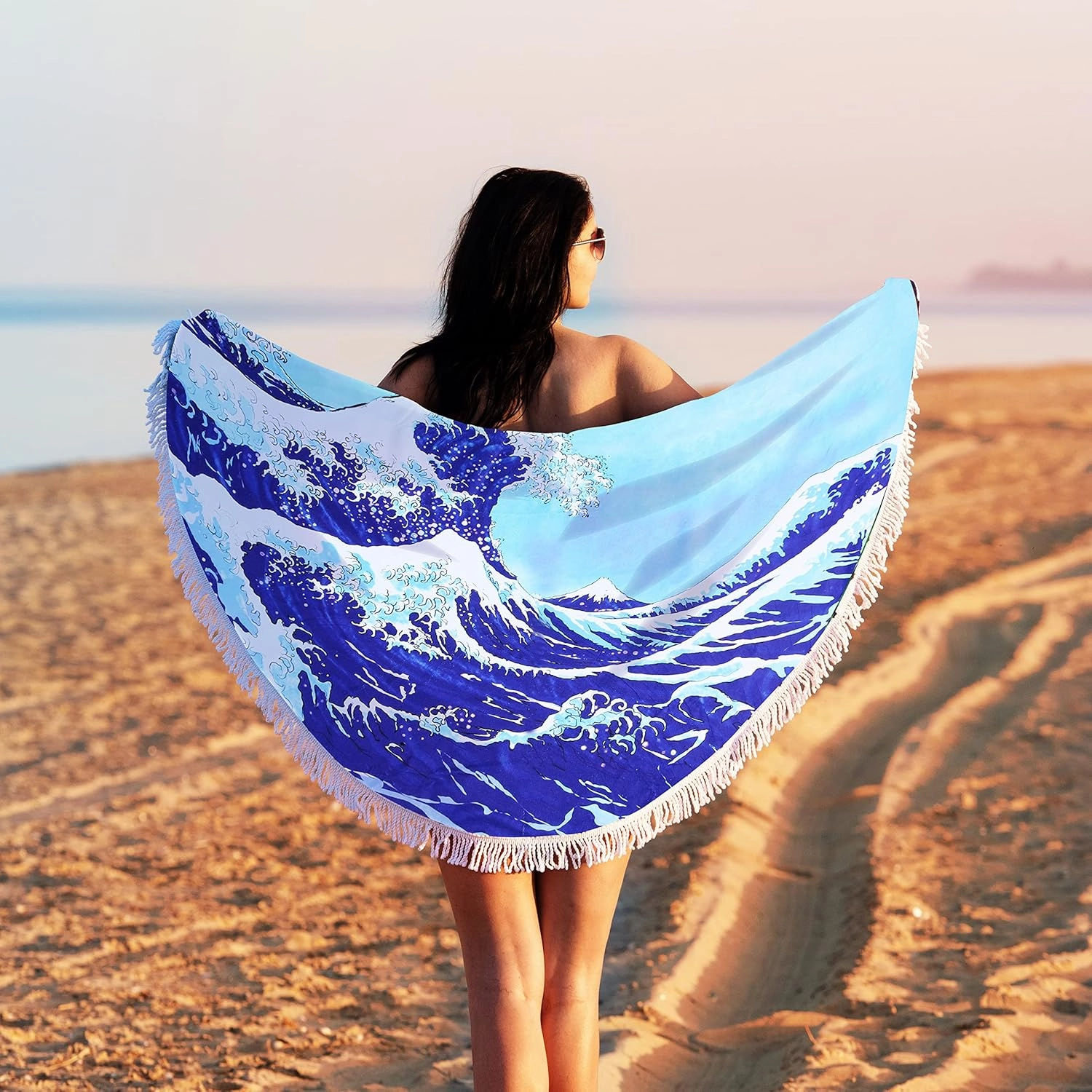 Violet Mist Blue Sea Wave Round Beach Blanket 60" Soft Microfibre Circular Beach Towel Throw with Fringe Large Sand Free Circle Beach Blanket with Tassels for Women Travel Swimming Pool Picnic Towel