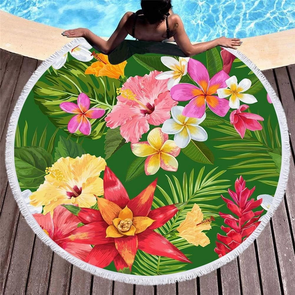 Violet Mist Floral Round Beach Towel Round Mandala Beach Blanket 60 inch Oversized Microfiber Blanket Extra Large Swim Pool Bath Circle Towel with Tassels for Women Men Adults