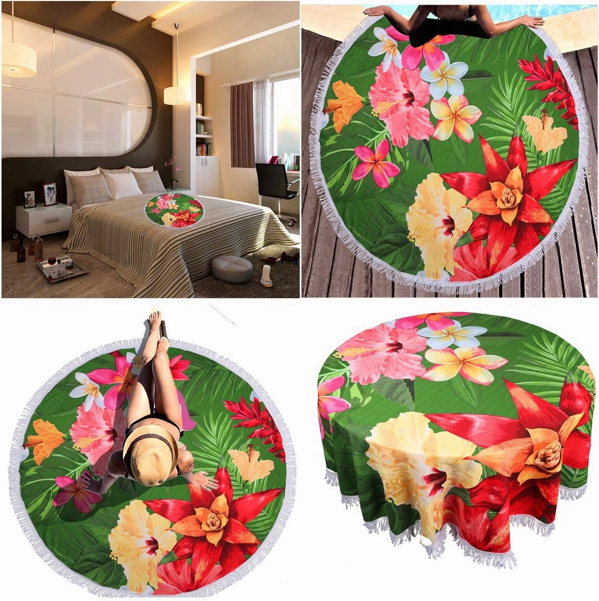 Violet Mist Floral Round Beach Towel Round Mandala Beach Blanket 60 inch Oversized Microfiber Blanket Extra Large Swim Pool Bath Circle Towel with Tassels for Women Men Adults