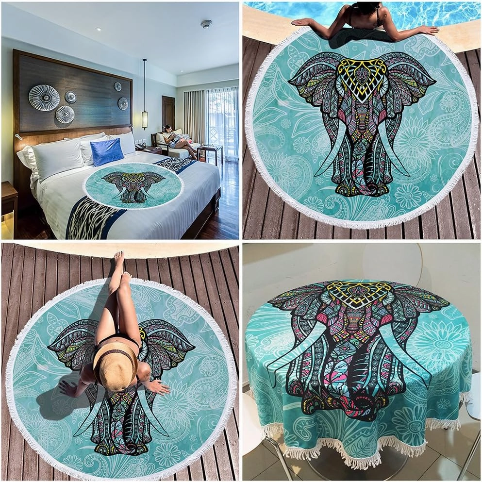 Violet Mist Microfiber Beach Towels Oversized Round Elephant Beach Blanket Sand Free Quick Dry Hippie Boho Circle Bath Towel Absorbent Bohemian Beach Yoga Mat Table Cloth Throw Fringe Tapestry 60" E