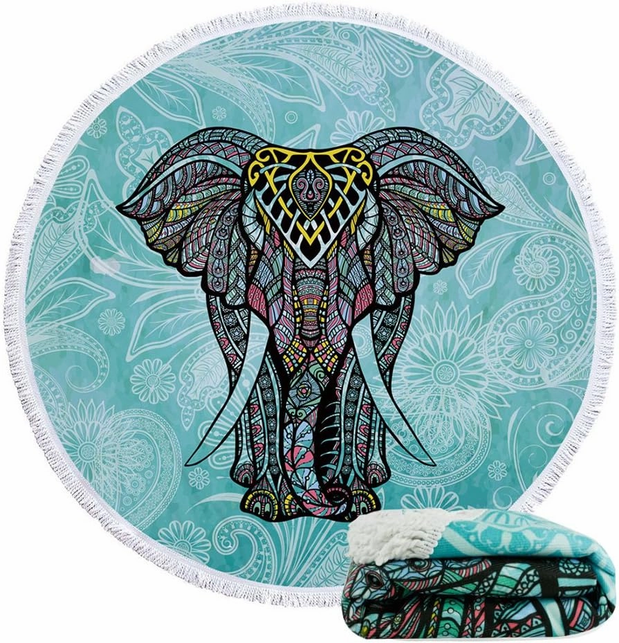 Violet Mist Microfiber Beach Towels Oversized Round Elephant Beach Blanket Sand Free Quick Dry Hippie Boho Circle Bath Towel Absorbent Bohemian Beach Yoga Mat Table Cloth Throw Fringe Tapestry 60" E
