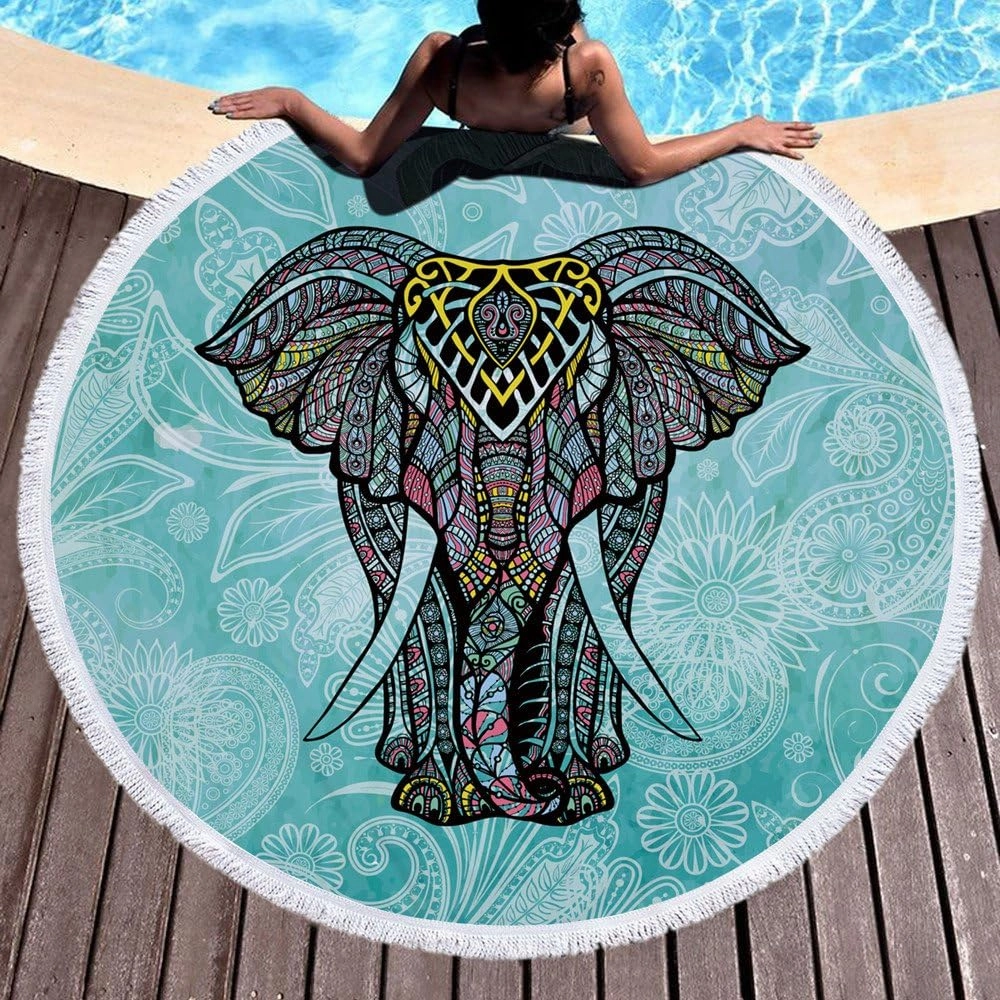 Violet Mist Microfiber Beach Towels Oversized Round Elephant Beach Blanket Sand Free Quick Dry Hippie Boho Circle Bath Towel Absorbent Bohemian Beach Yoga Mat Table Cloth Throw Fringe Tapestry 60" E