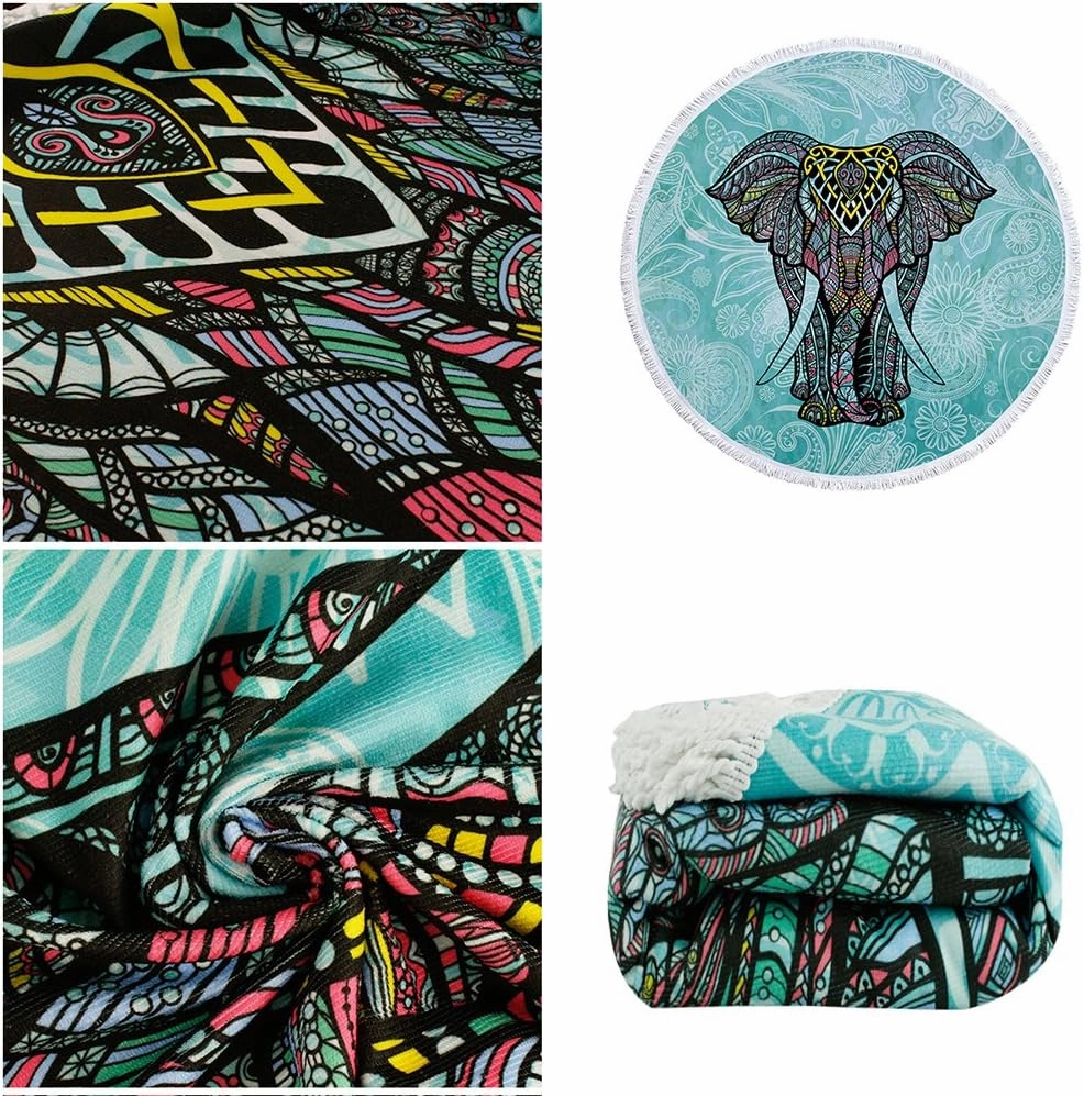Violet Mist Microfiber Beach Towels Oversized Round Elephant Beach Blanket Sand Free Quick Dry Hippie Boho Circle Bath Towel Absorbent Bohemian Beach Yoga Mat Table Cloth Throw Fringe Tapestry 60" E