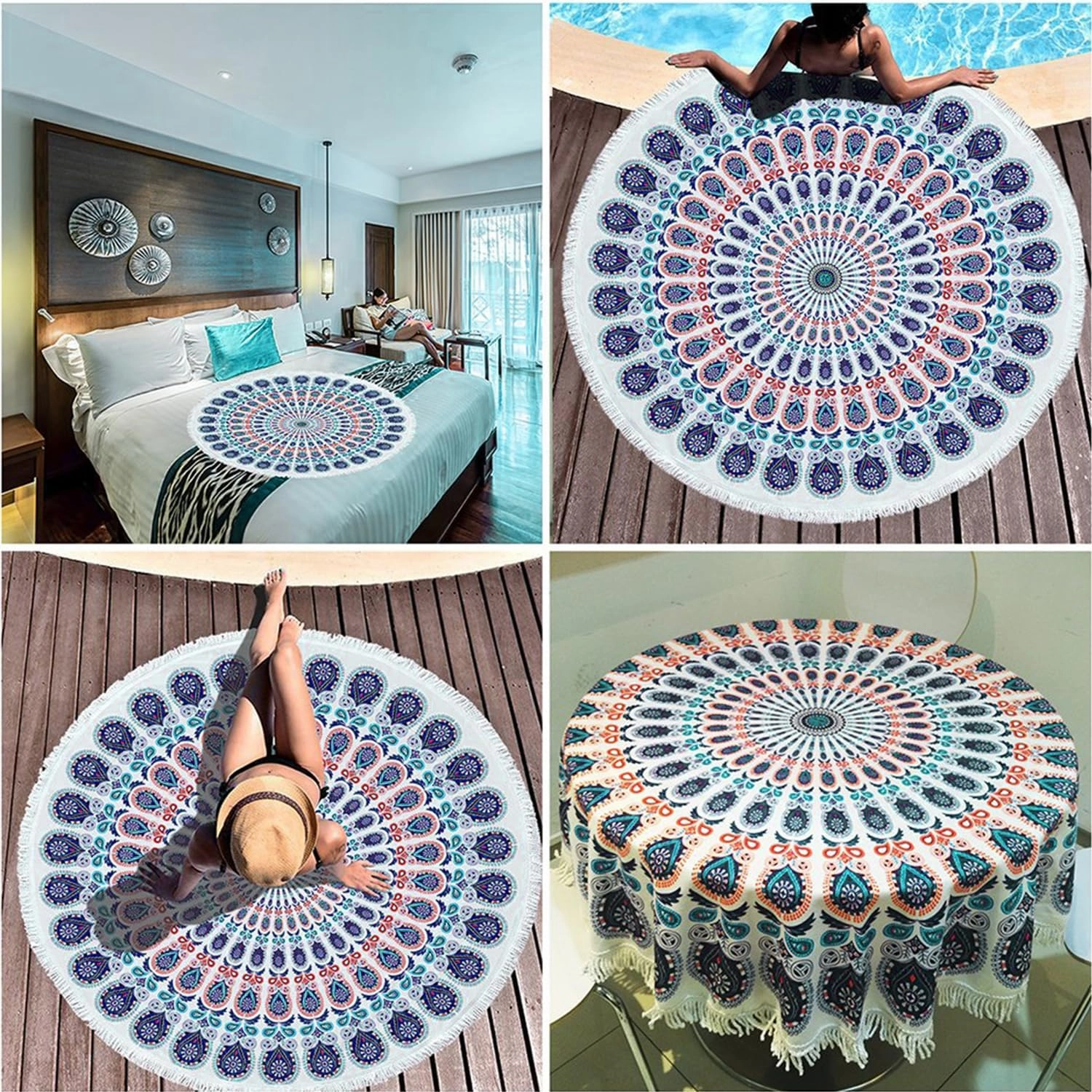 Violet Mist Purple Mandala Round Beach Blanket 60" Hippie Boho Microfibre Beach Towel Throw with Fringe Large Sand Free Circle Beach Blanket with Tassels for Women Travel Swimming Pool Picnic Towel