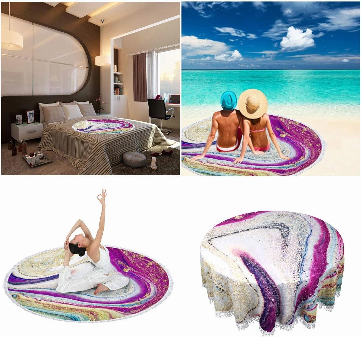 Violet Mist Purple Quicksand Round Beach Blanket 60" Microfibre Circular Beach Towel Throw with Fringe Large Sand Free Circle Beach Blanket with Tassels for Women Travel Swimming Pool Picnic Towel