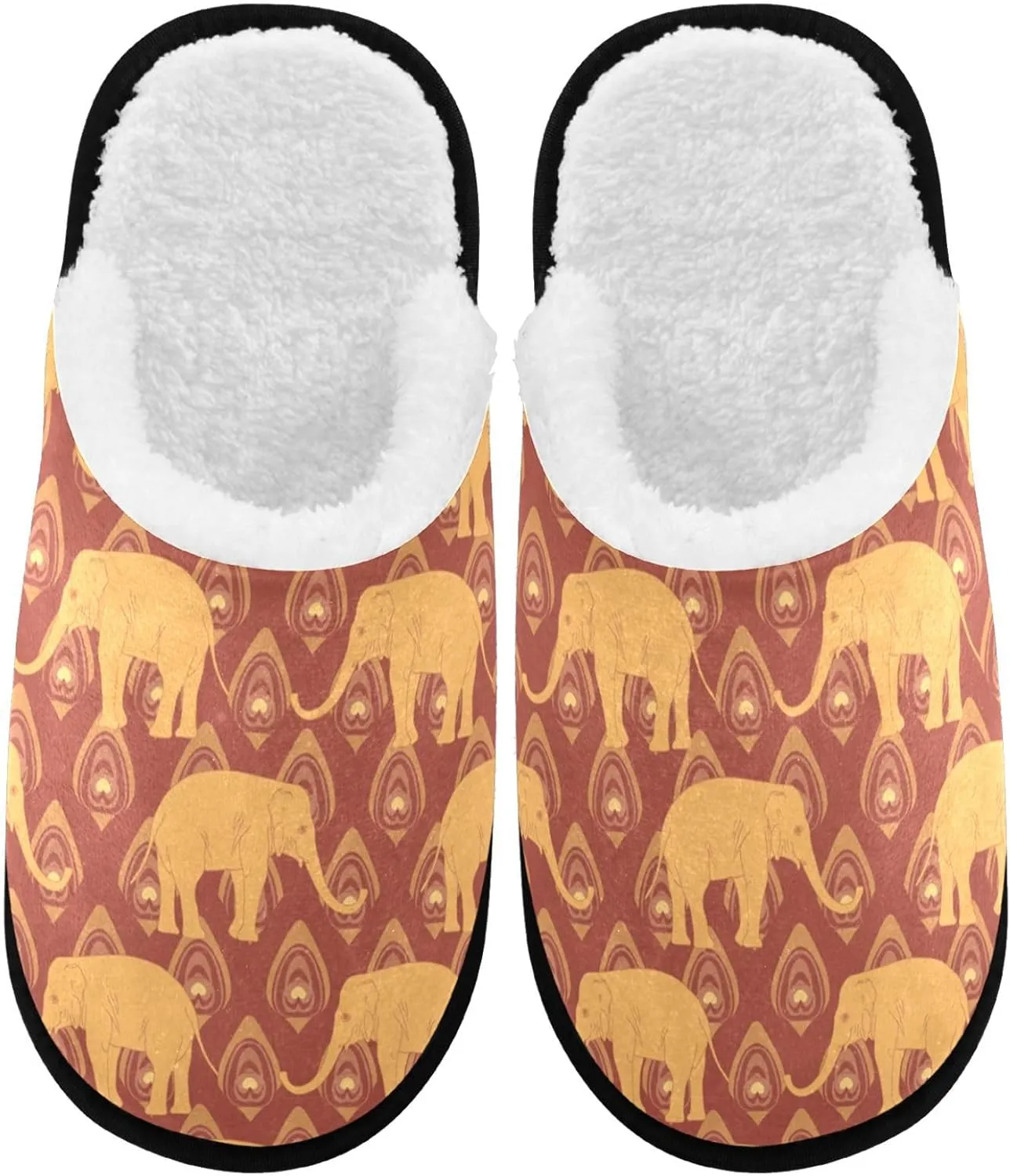visesunny Funny Slippers for Women Men Soft Plush Warm Fuzzy Winter holiday slippers Brown Ochre Elephant and Peacock Feather Animal Cozy House Slippers Comfy Bedroom Slippers Indoor Outdoor Shoes