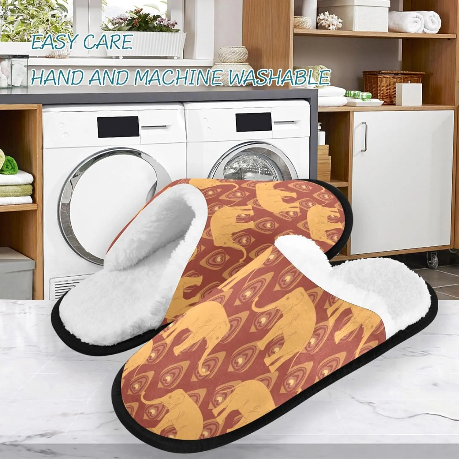 visesunny Funny Slippers for Women Men Soft Plush Warm Fuzzy Winter holiday slippers Brown Ochre Elephant and Peacock Feather Animal Cozy House Slippers Comfy Bedroom Slippers Indoor Outdoor Shoes