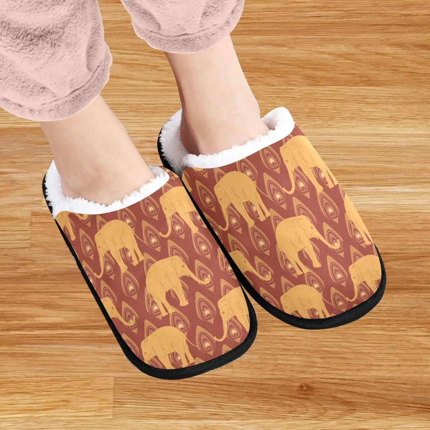 visesunny Funny Slippers for Women Men Soft Plush Warm Fuzzy Winter holiday slippers Brown Ochre Elephant and Peacock Feather Animal Cozy House Slippers Comfy Bedroom Slippers Indoor Outdoor Shoes