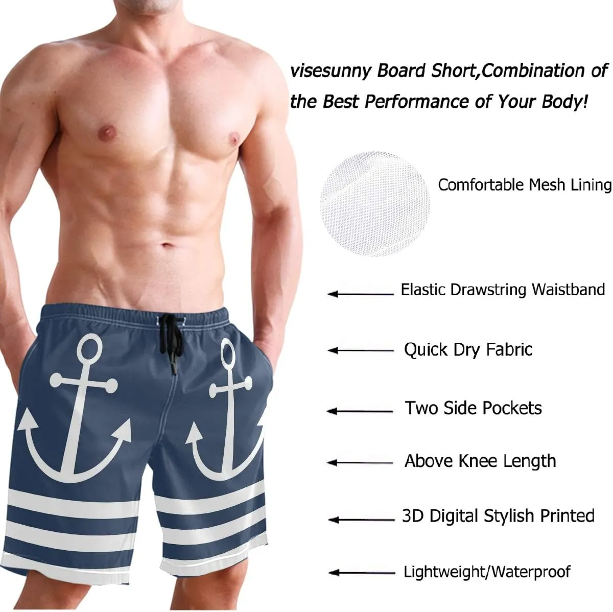 visesunny Mens Funny Swim Trunks Quick Dry Beachwear Sports Running Swim Board Shorts Mesh Lining