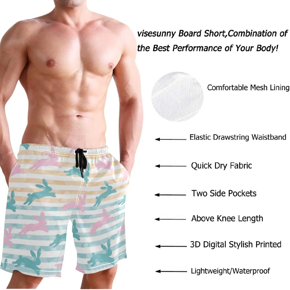 visesunny Stylish Mens Swim Trunks Quick Dry Beachwear Sports Swim Board Shorts Holiday Party Bathing Suits