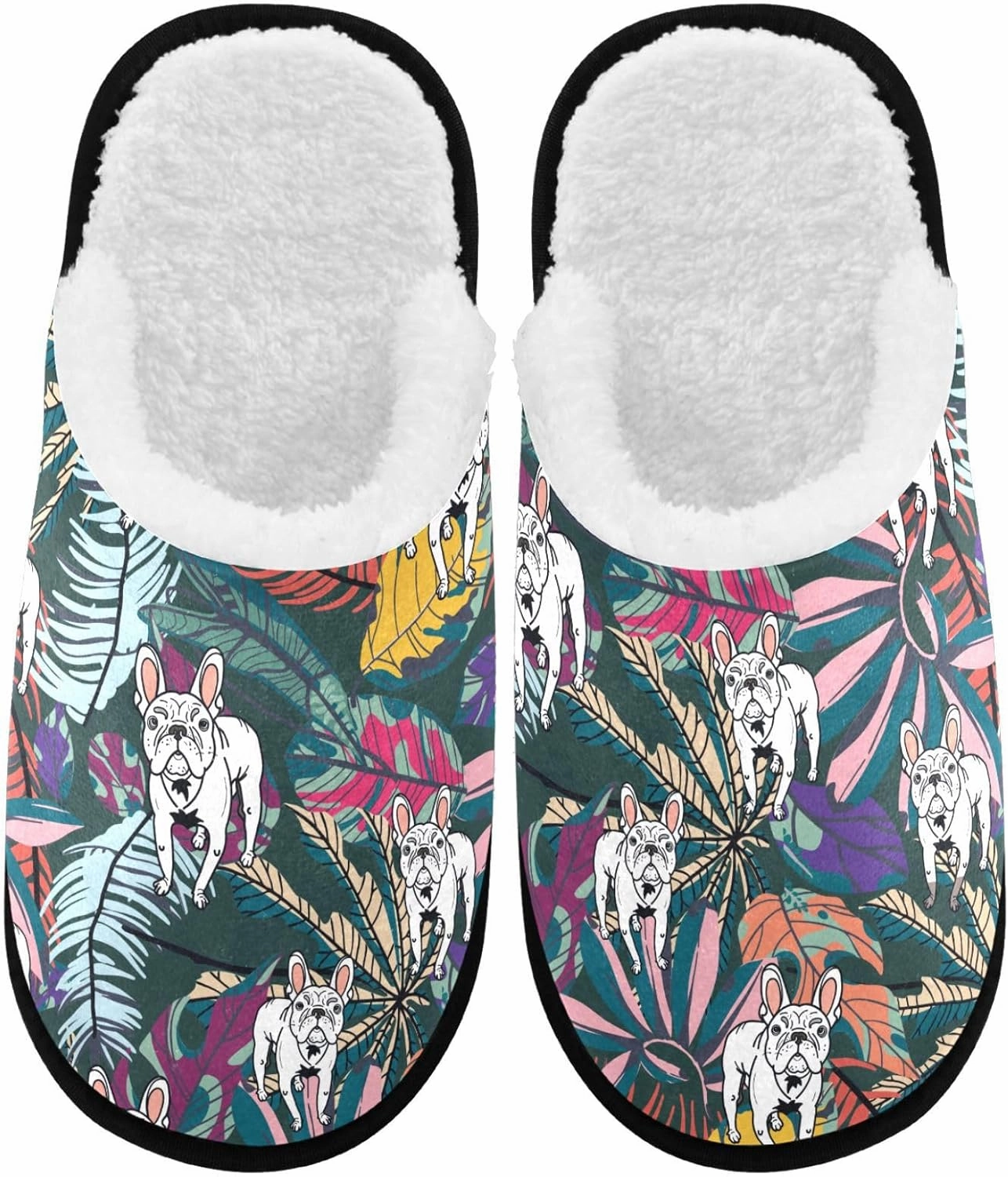 visesunny Funny Slippers for Women Men Soft Plush Warm Fuzzy Winter holiday slippers White French Bulldog Tropical Leaf Cozy House Slippers Comfy Bedroom Slippers Indoor Outdoor Shoes