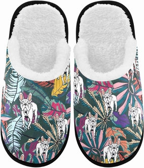 visesunny Funny Slippers for Women Men Soft Plush Warm Fuzzy Winter holiday slippers White French Bulldog Tropical Leaf Cozy House Slippers Comfy Bedroom Slippers Indoor Outdoor Shoes