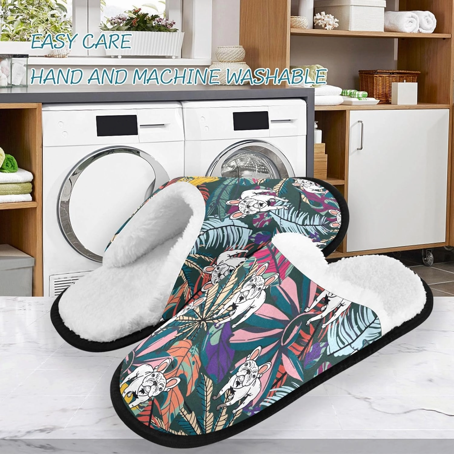 visesunny Funny Slippers for Women Men Soft Plush Warm Fuzzy Winter holiday slippers White French Bulldog Tropical Leaf Cozy House Slippers Comfy Bedroom Slippers Indoor Outdoor Shoes
