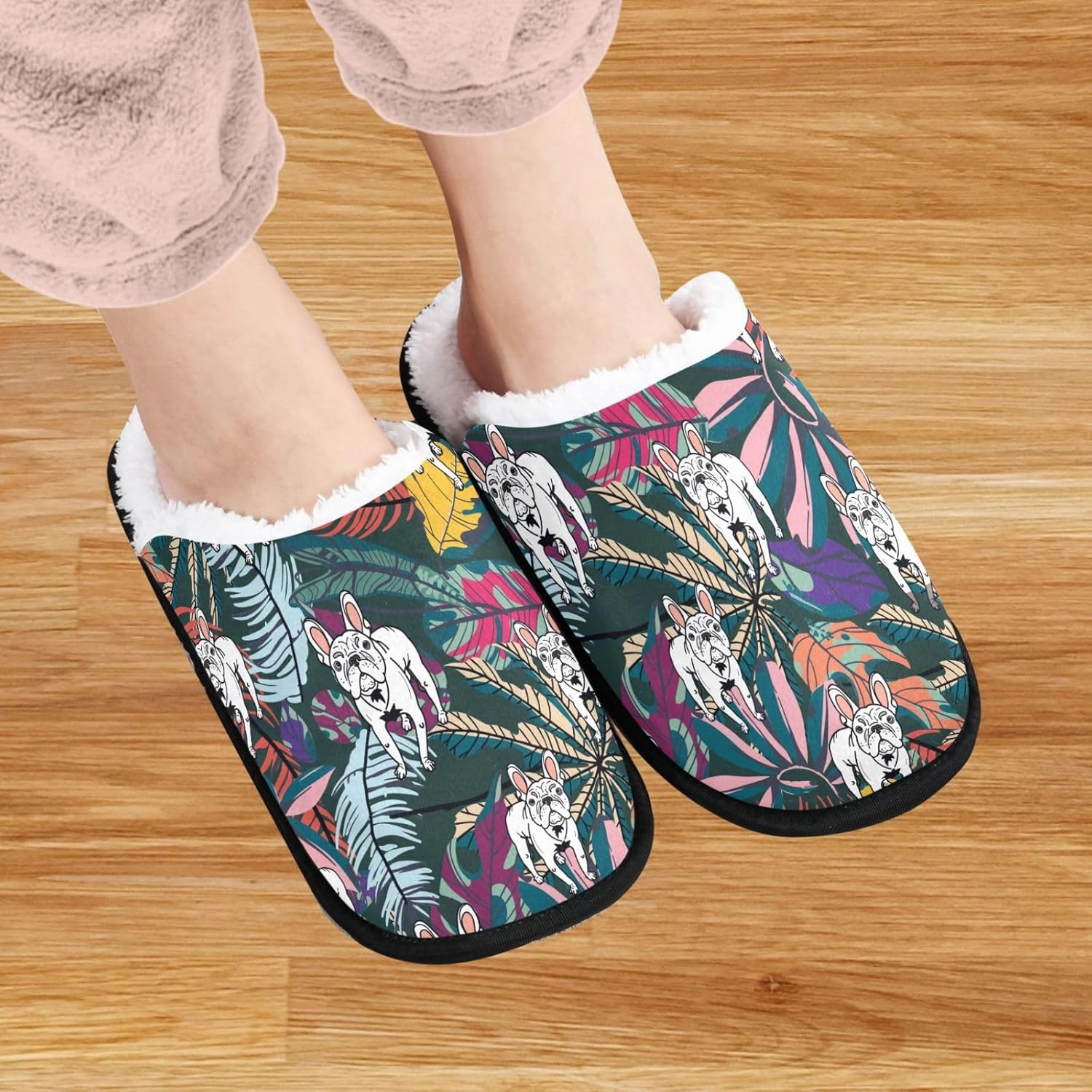 visesunny Funny Slippers for Women Men Soft Plush Warm Fuzzy Winter holiday slippers White French Bulldog Tropical Leaf Cozy House Slippers Comfy Bedroom Slippers Indoor Outdoor Shoes