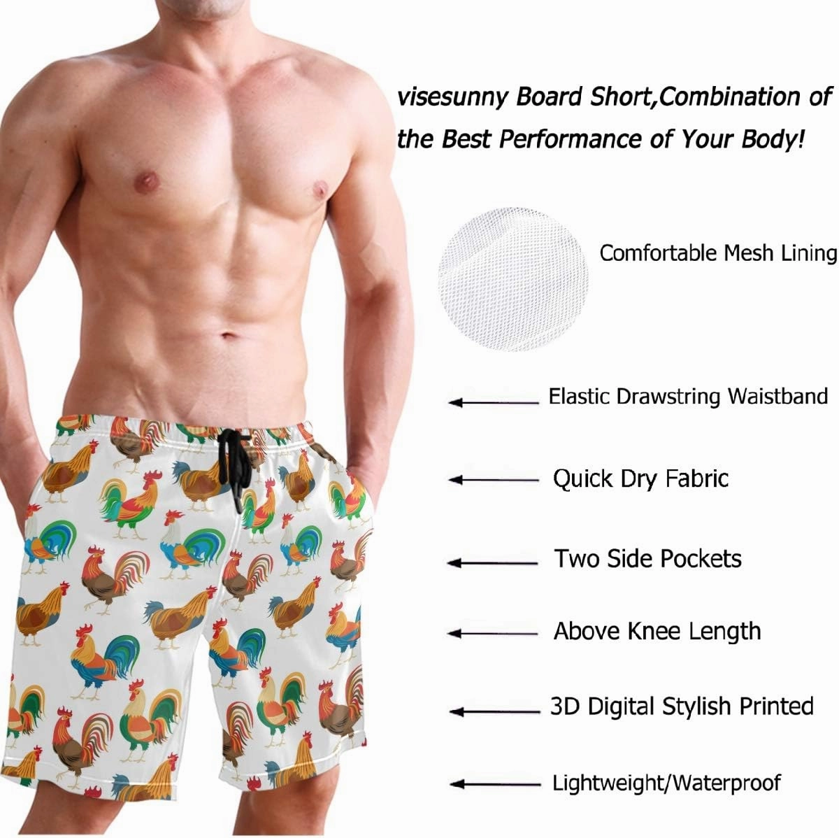 visesunny Hawaiian Men's Summer Beach Shorts Swim Trunks Sports Running Bathing Suits with Mesh Lining
