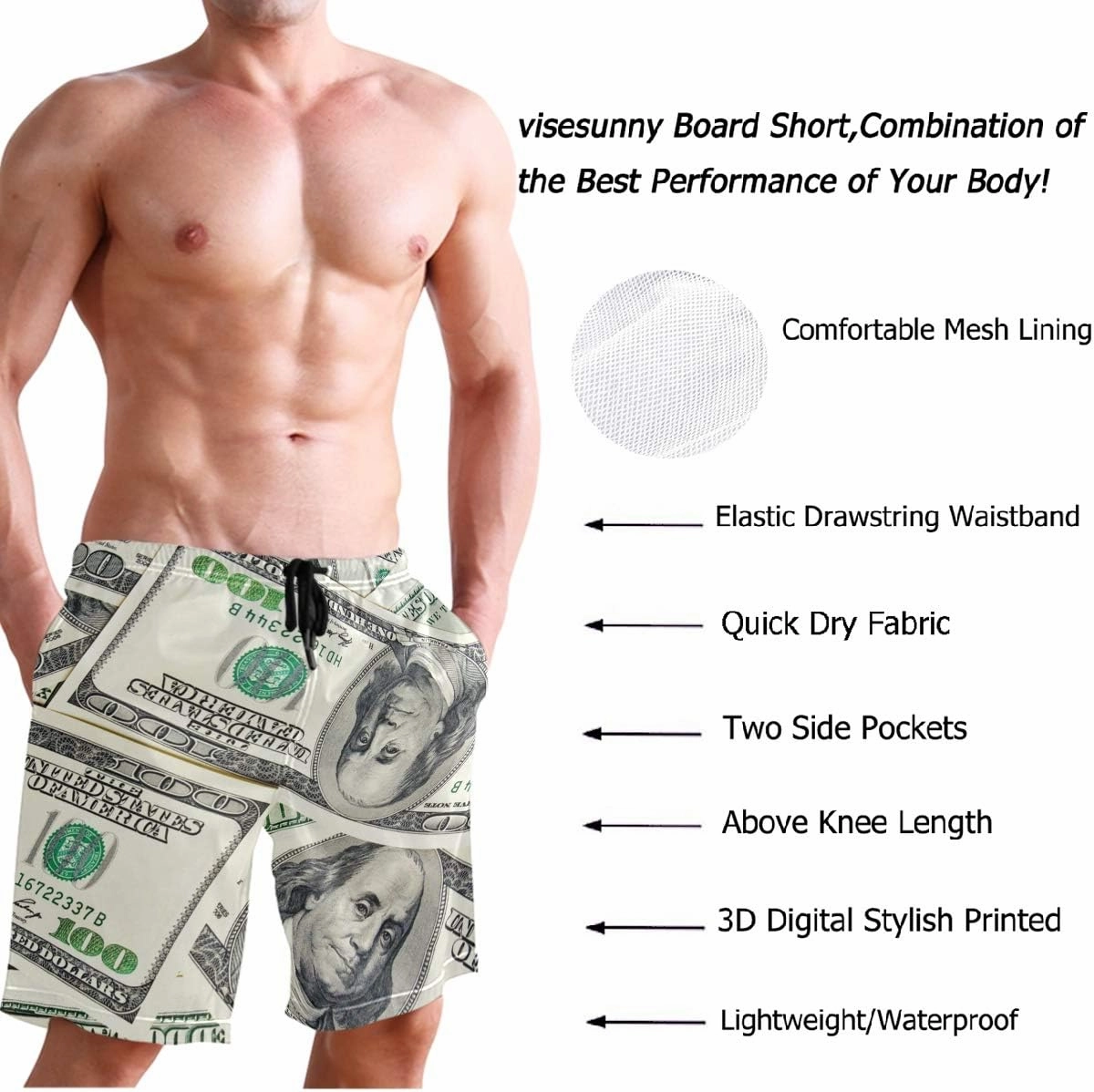 visesunny Hawaiian Men's Summer Beach Shorts Swim Trunks Sports Running Bathing Suits with Mesh Lining