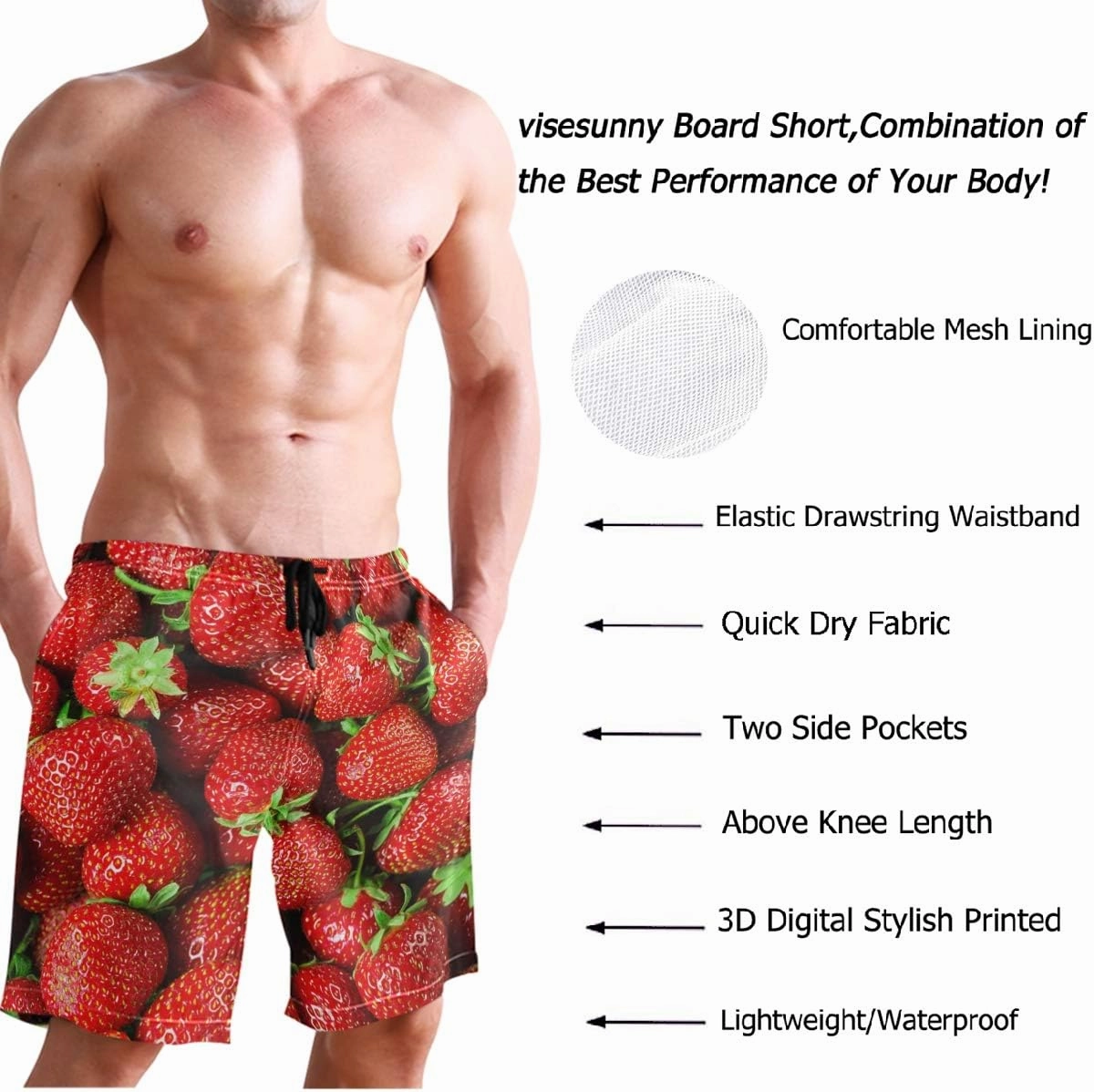 visesunny Men's Novelty Beach Shorts Quick Dry Swimwear Sports Running Swim Board Shorts