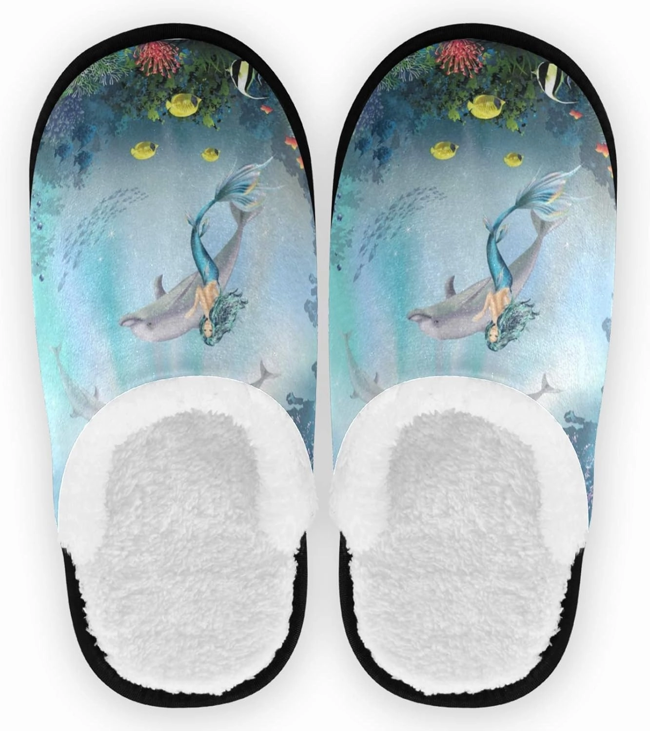 visesunny Mermaid Dolphin Animal Slippers for Women Mens Winter Warm Memory Foam Cotton Home Slippers Soft Plush Fleece Slip on House Slippers for Girls Indoor Outdoor Shoes