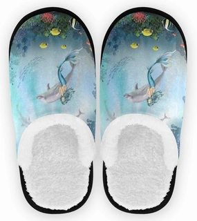 visesunny Mermaid Dolphin Animal Slippers for Women Mens Winter Warm Memory Foam Cotton Home Slippers Soft Plush Fleece Slip on House Slippers for Girls Indoor Outdoor Shoes