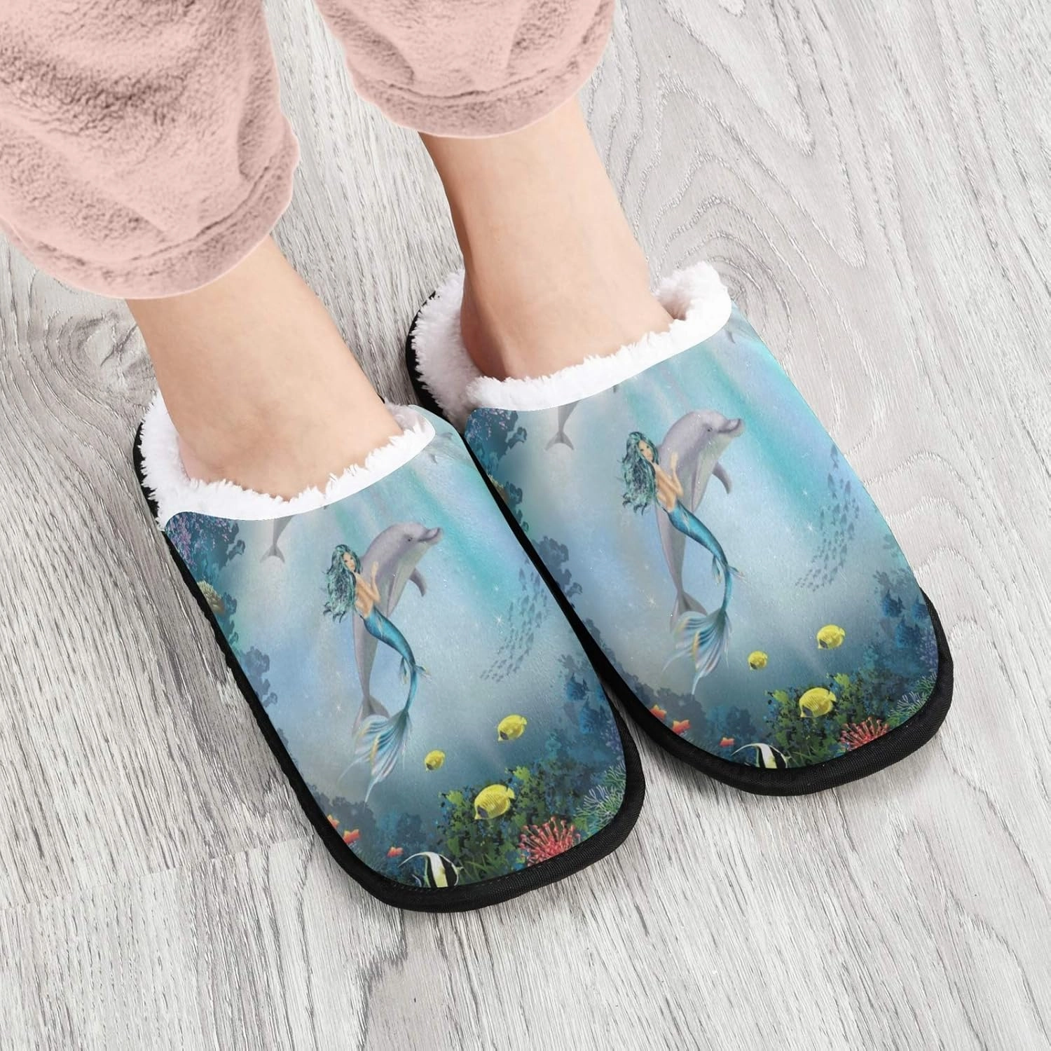 visesunny Mermaid Dolphin Animal Slippers for Women Mens Winter Warm Memory Foam Cotton Home Slippers Soft Plush Fleece Slip on House Slippers for Girls Indoor Outdoor Shoes