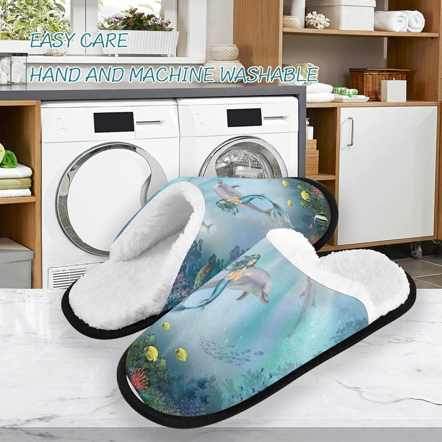 visesunny Mermaid Dolphin Animal Slippers for Women Mens Winter Warm Memory Foam Cotton Home Slippers Soft Plush Fleece Slip on House Slippers for Girls Indoor Outdoor Shoes