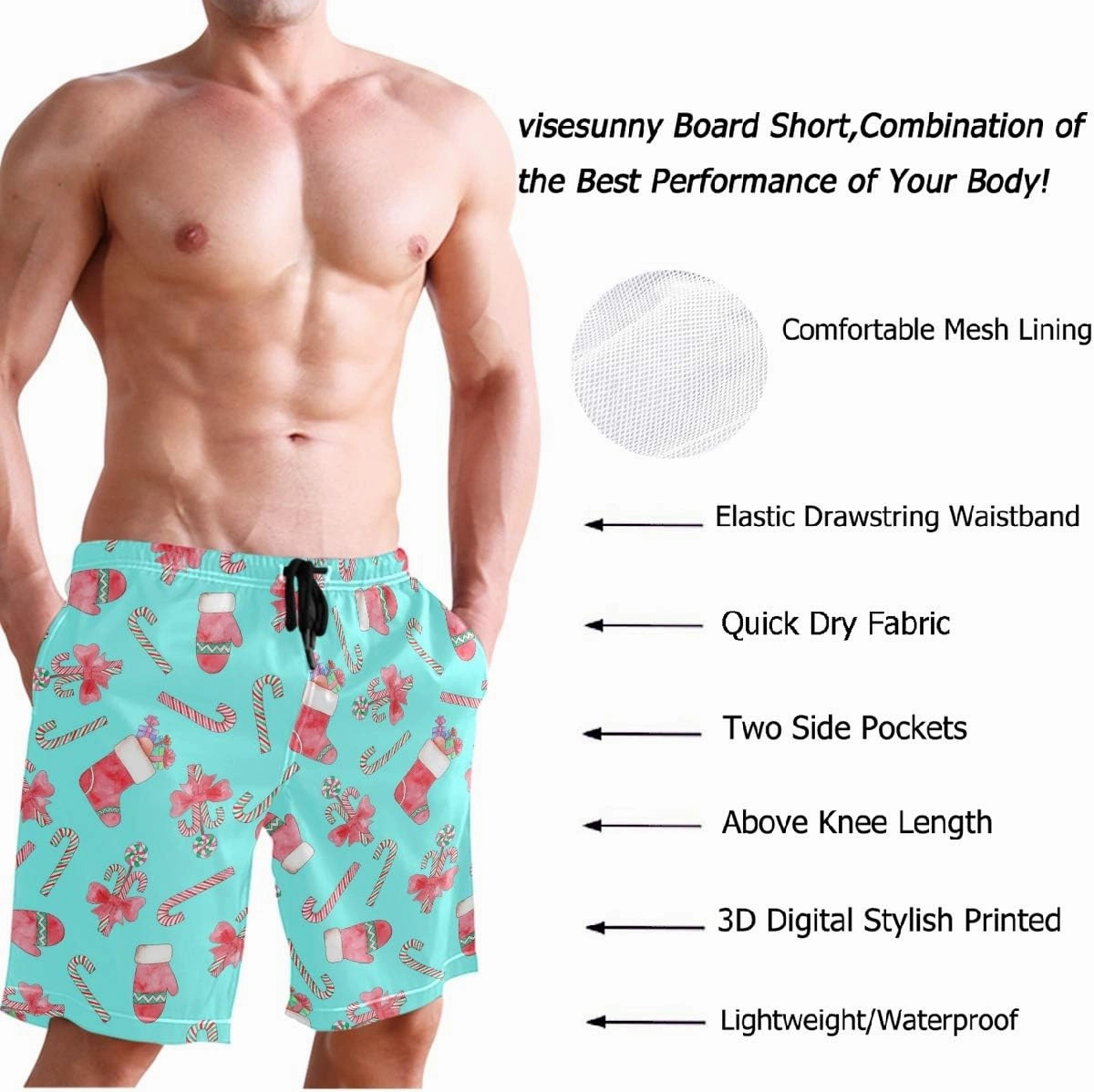 visesunny New Summer Men's Swim Trunks Quick Dry Bathing Suits Holiday Beach Short Casual Board Shorts