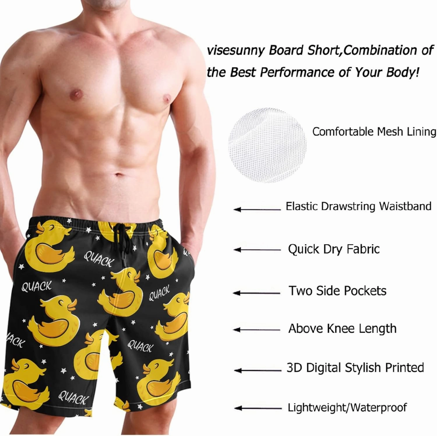 visesunny Stylish Mens Swim Trunks Quick Dry Beachwear Sports Running Swim Board Shorts Bathing Suits Mesh Lining