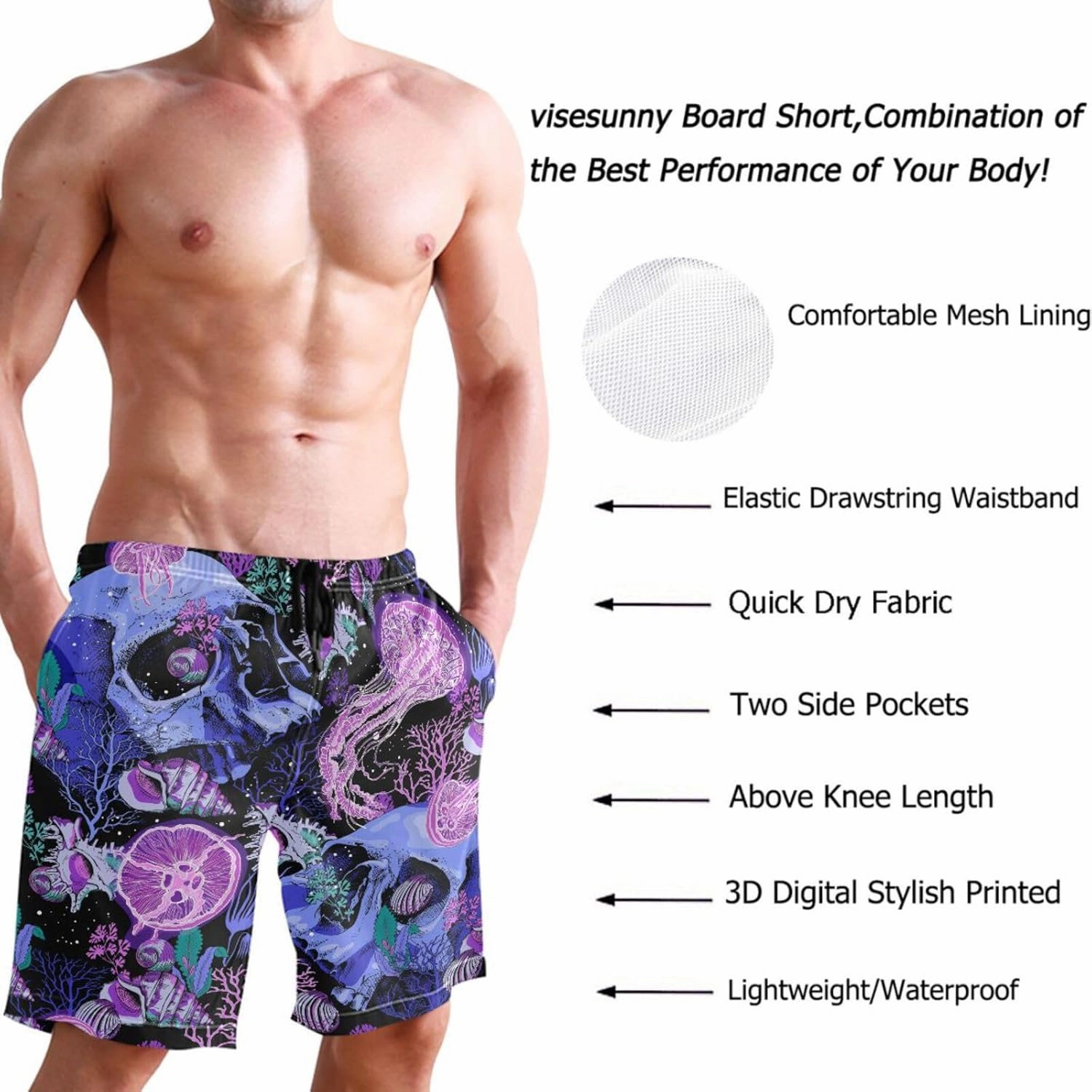 visesunny Stylish Mens Swim Trunks Quick Dry Beachwear Sports Swim Board Shorts Holiday Party Bathing Suits