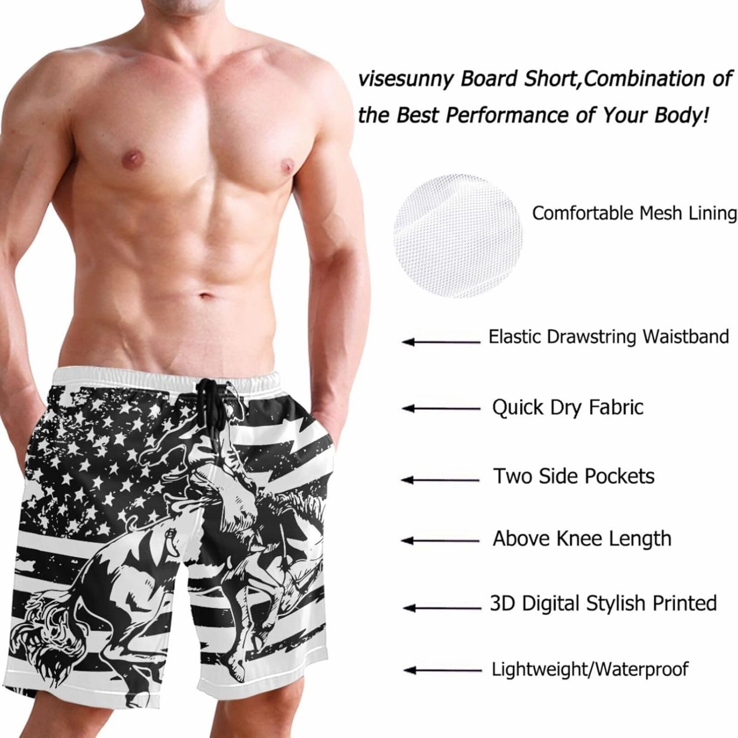 visesunny Stylish Summer Mens Swim Trunks Quick Dry Beachwear Sports Swim Board Shorts Holiday Party Bathing Suits