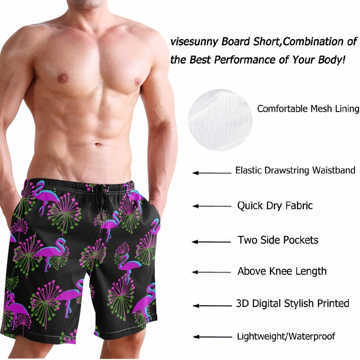 visesunny Summer Mens Swim Trunks Mesh Liner Swimming Trunks Men's Bathing Suit Quick Dry Swim Shorts