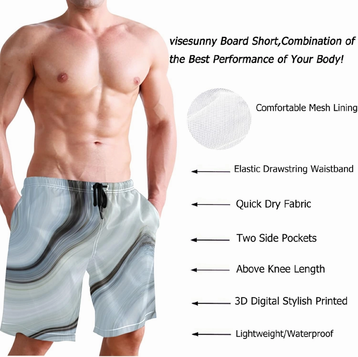 visesunny Summer Mens Swim Trunks Mesh Liner Swimming Trunks Men's Bathing Suit Quick Dry Swim Shorts