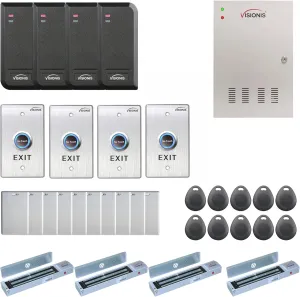 Visionis FPC-6205 Four Doors Access Control TCP / IP Wiegand For Out Swing Electric 600lbs MagLock Controller Box   Indoor/Outdoor Card Reader   Software Included   20,000 Users Kit
