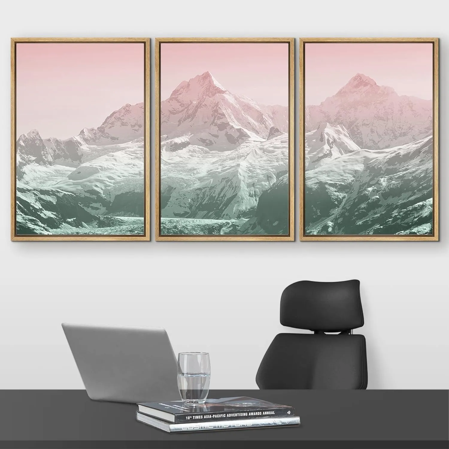 wall26 Framed Wall Art Print Set Duotone Pink & Green Snowy Mountain Range Nature Wilderness Photography Realism Rustic Scenic Colorful Ultra for Living Room, Bedroom, Office - 16"x24"x3 Natural