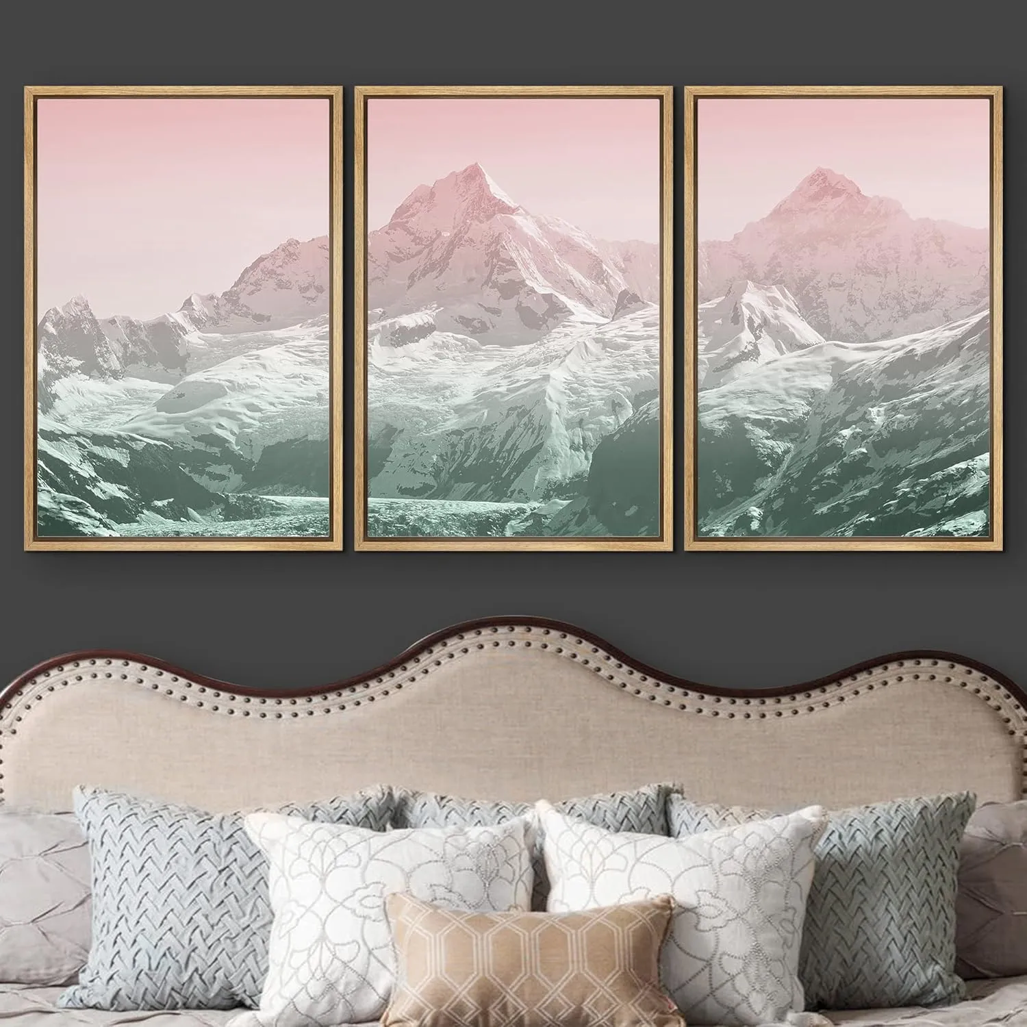 wall26 Framed Wall Art Print Set Duotone Pink & Green Snowy Mountain Range Nature Wilderness Photography Realism Rustic Scenic Colorful Ultra for Living Room, Bedroom, Office - 16"x24"x3 Natural