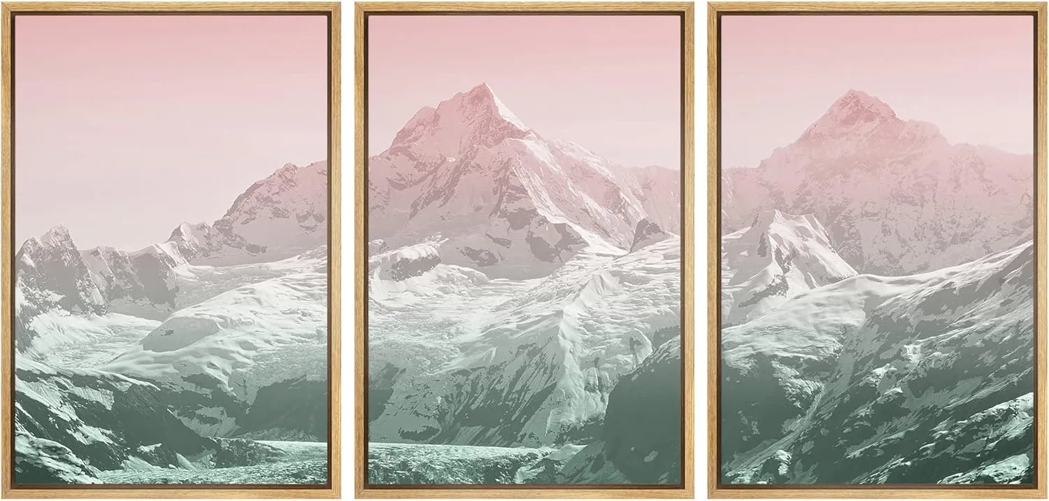 wall26 Framed Wall Art Print Set Duotone Pink & Green Snowy Mountain Range Nature Wilderness Photography Realism Rustic Scenic Colorful Ultra for Living Room, Bedroom, Office - 16"x24"x3 Natural