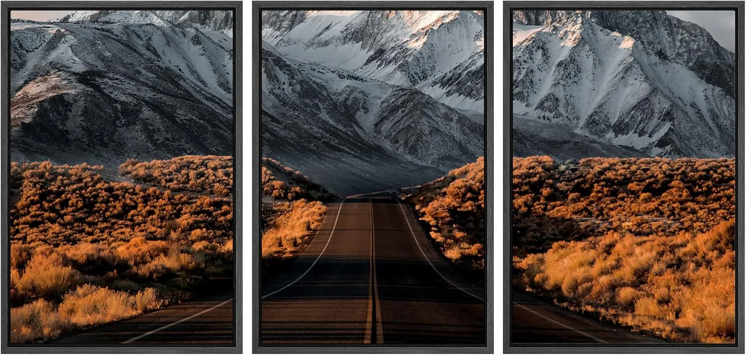wall26 Framed Wall Art Print Set Road Through Snowy Mountain at Dusk Nature Wilderness Photography Realism Rustic Colorful Multicolor Ultra for Living Room, Bedroom, Office - 24"x36"x3 Black