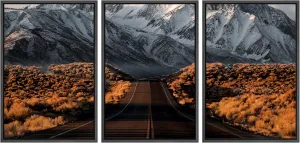 wall26 Framed Wall Art Print Set Road Through Snowy Mountain at Dusk Nature Wilderness Photography Realism Rustic Colorful Multicolor Ultra for Living Room, Bedroom, Office - 24"x36"x3 Black