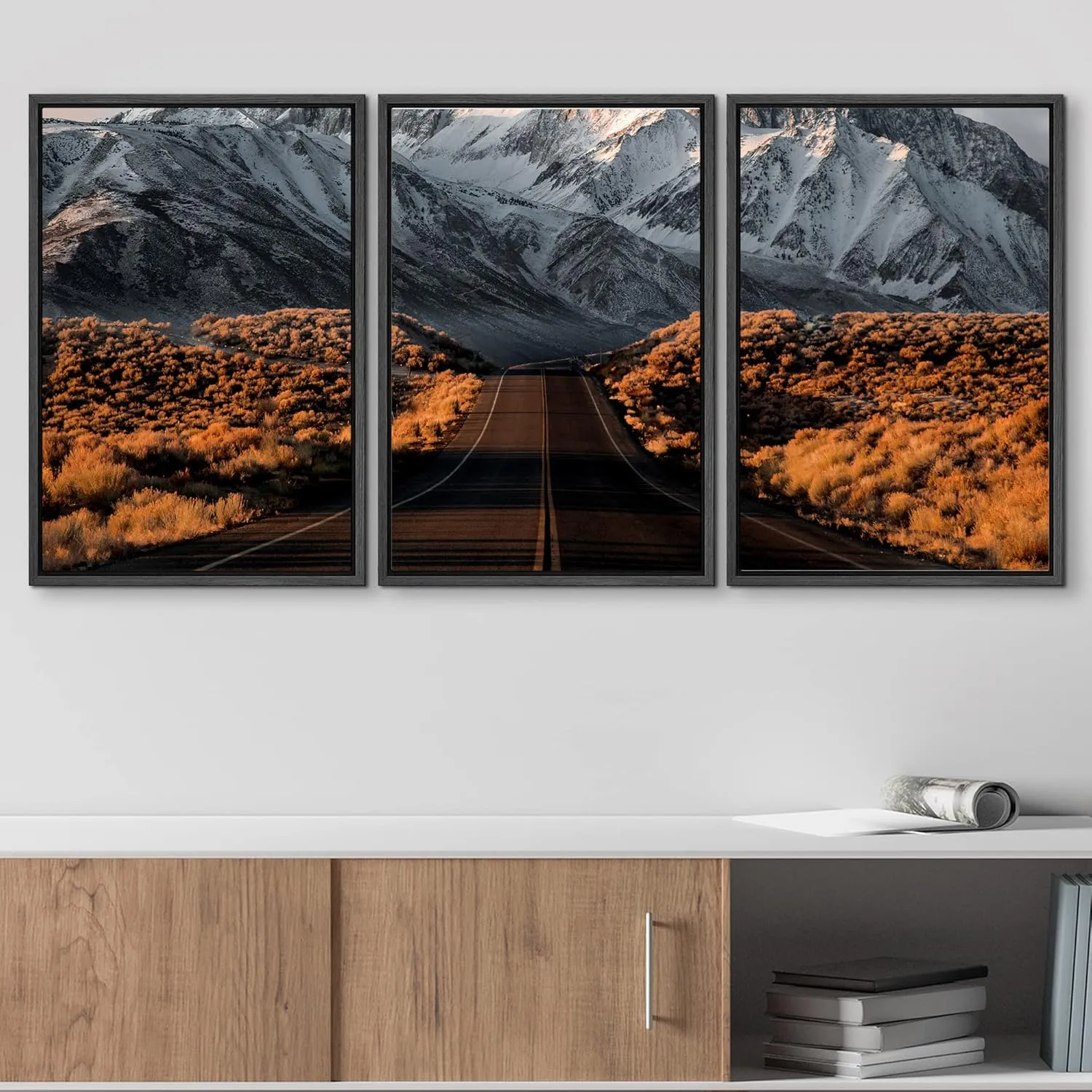 wall26 Framed Wall Art Print Set Road Through Snowy Mountain at Dusk Nature Wilderness Photography Realism Rustic Colorful Multicolor Ultra for Living Room, Bedroom, Office - 24"x36"x3 Black
