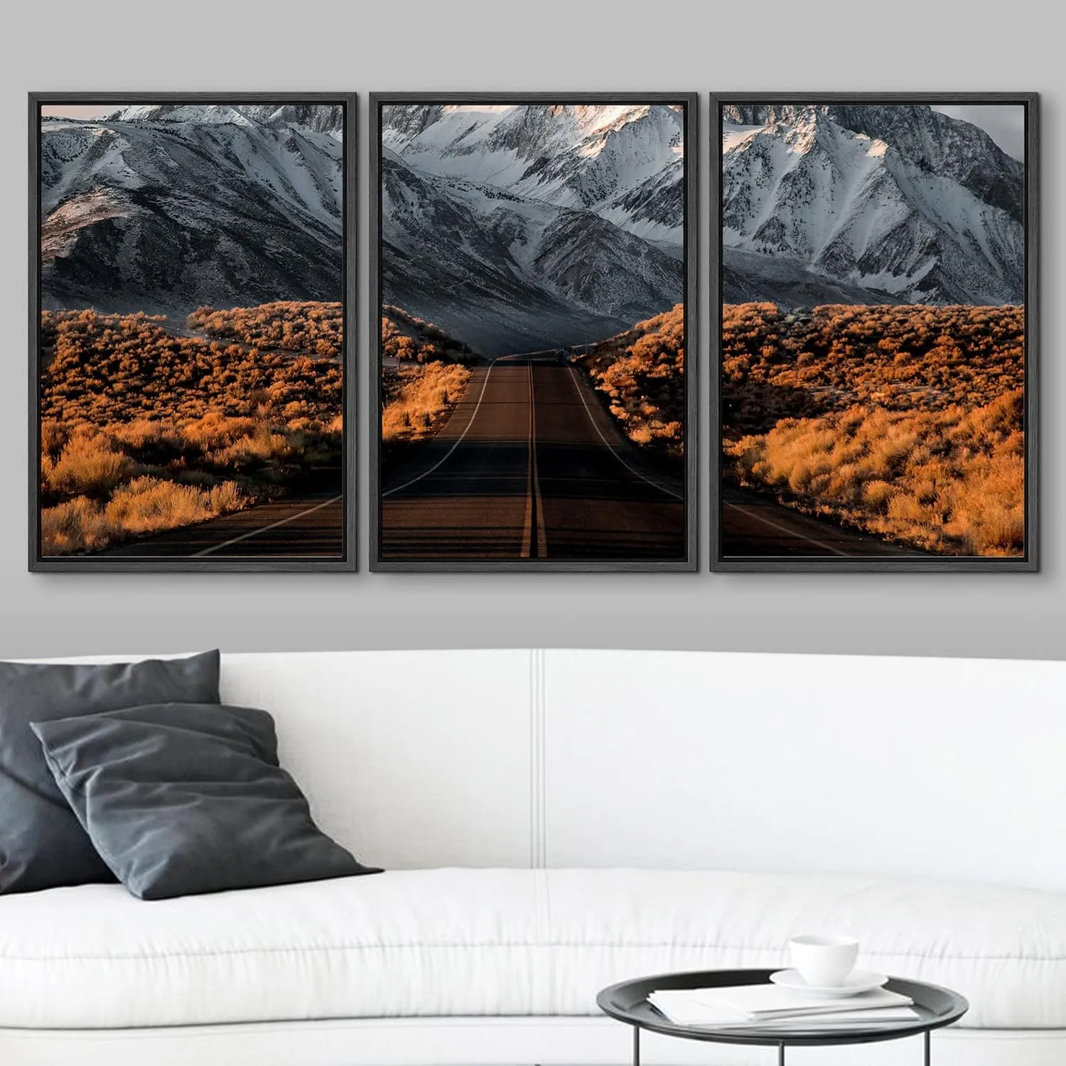 wall26 Framed Wall Art Print Set Road Through Snowy Mountain at Dusk Nature Wilderness Photography Realism Rustic Colorful Multicolor Ultra for Living Room, Bedroom, Office - 24"x36"x3 Black