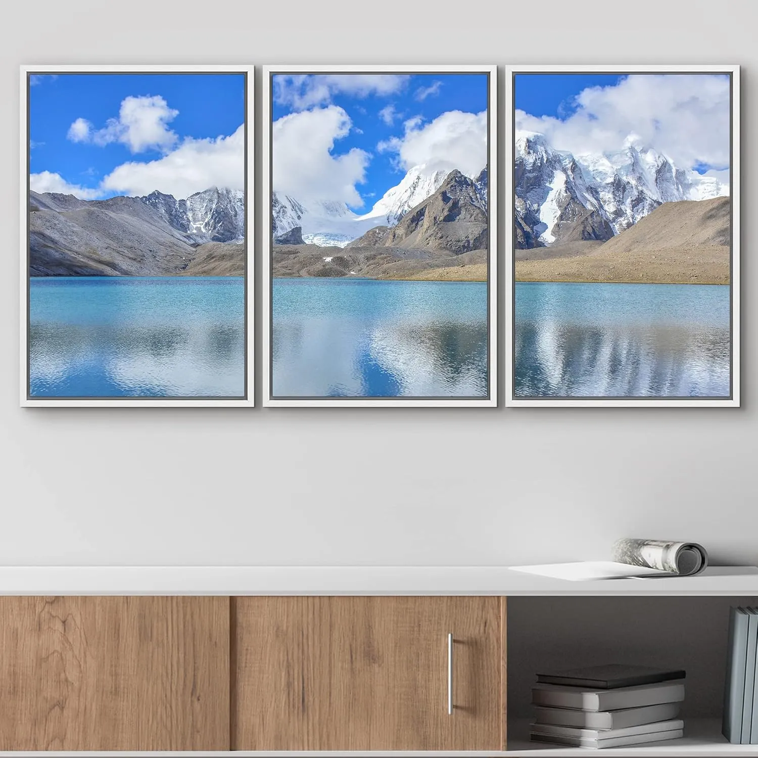 wall26 Framed Wall Art Print Set Snowy Mountain Range with Blue Lake Nature Wilderness Photography Realism Rustic Colorful Multicolor Ultra for Living Room, Bedroom, Office - 24"x36"x3 White