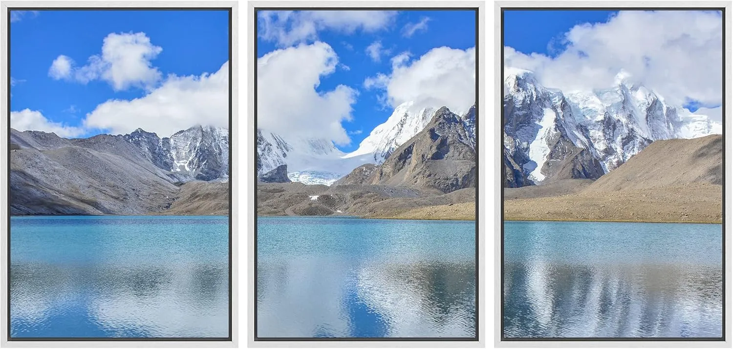 wall26 Framed Wall Art Print Set Snowy Mountain Range with Blue Lake Nature Wilderness Photography Realism Rustic Colorful Multicolor Ultra for Living Room, Bedroom, Office - 24"x36"x3 White