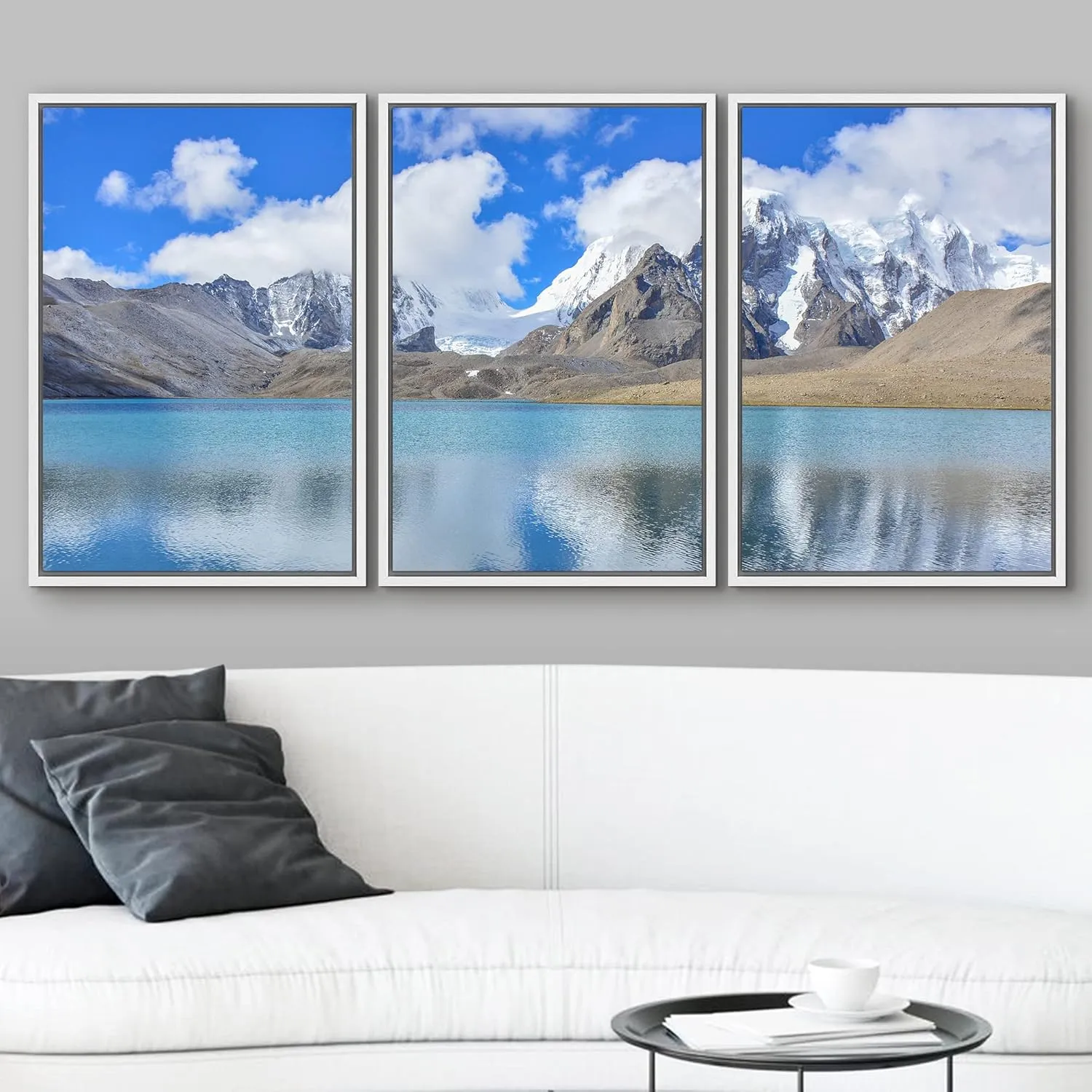 wall26 Framed Wall Art Print Set Snowy Mountain Range with Blue Lake Nature Wilderness Photography Realism Rustic Colorful Multicolor Ultra for Living Room, Bedroom, Office - 24"x36"x3 White