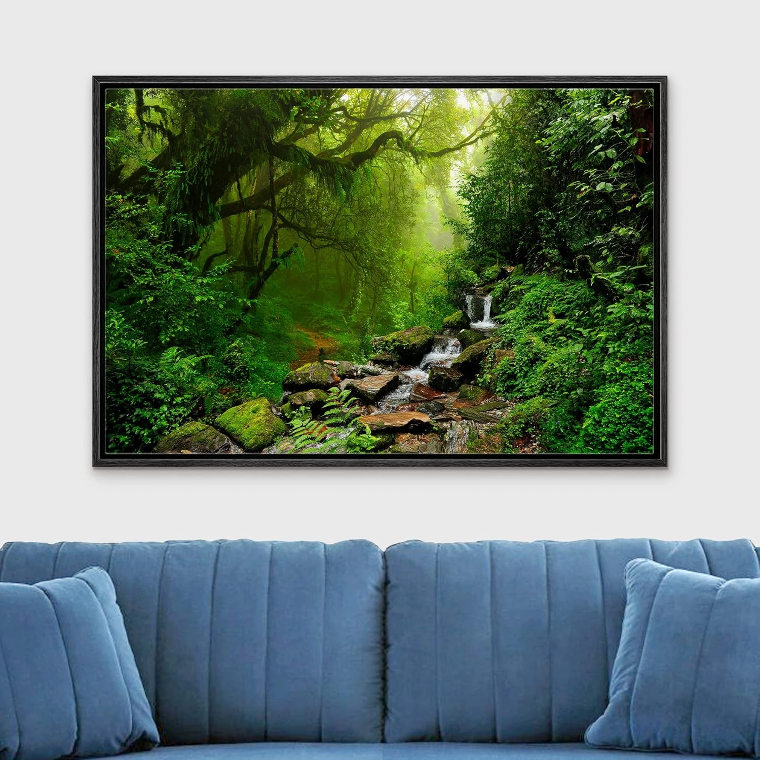 wall26 Framed Canvas Print Wall Art Nepal Green Forest & Waterfall Nature Wilderness Photography Modern Art Rustic Scenic Colorful for Living Room, Bedroom, Office - 24"x36" Black