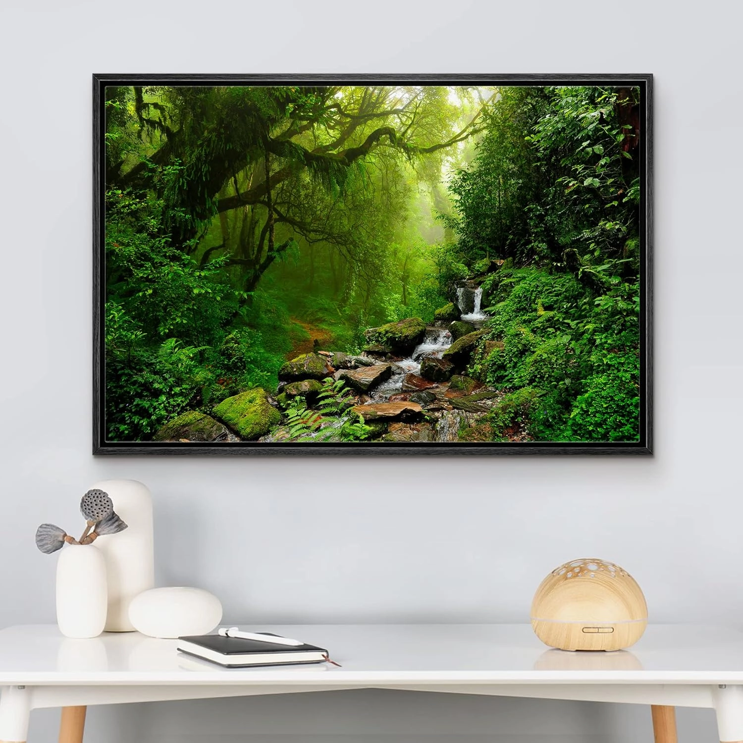 wall26 Framed Canvas Print Wall Art Nepal Green Forest & Waterfall Nature Wilderness Photography Modern Art Rustic Scenic Colorful for Living Room, Bedroom, Office - 24"x36" Black