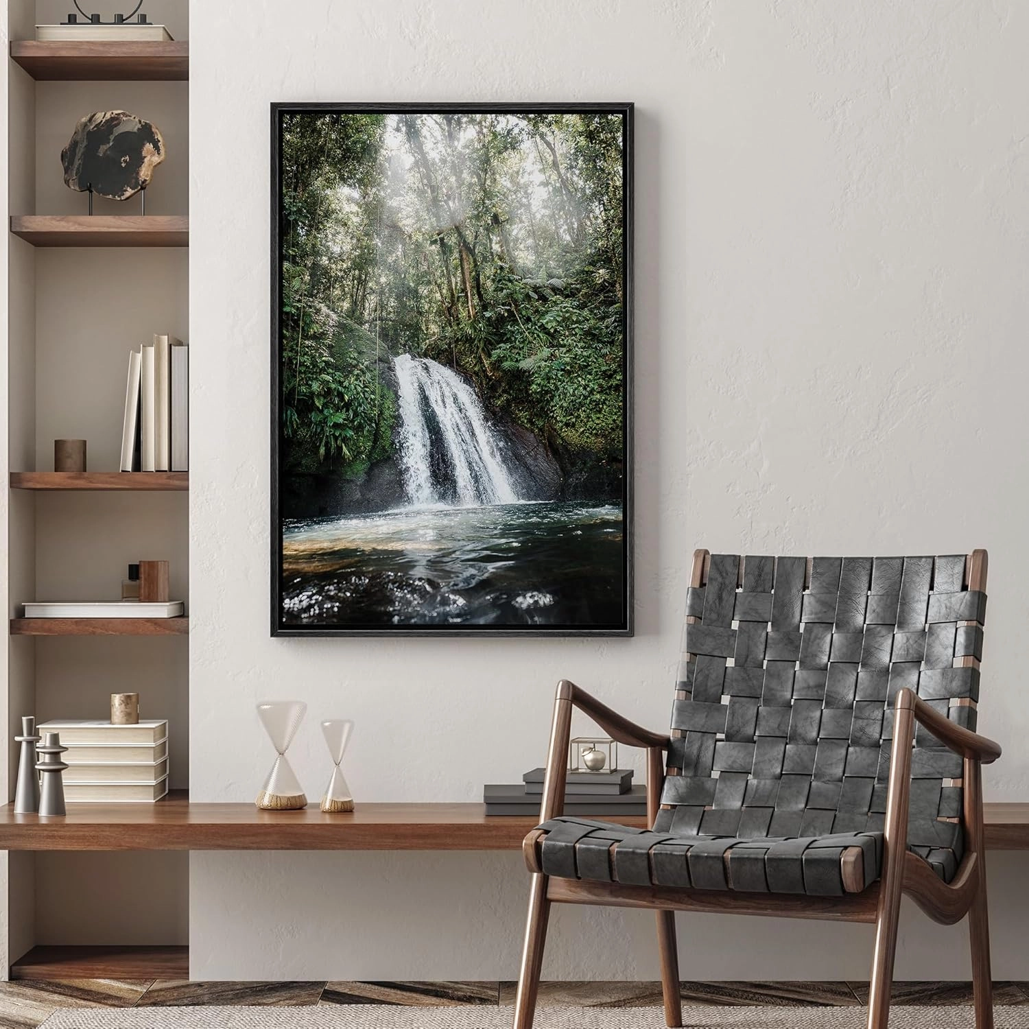 wall26 Framed Canvas Print Wall Art Waterfall Forest Landscape in Sunlight Nature Wilderness Photography Modern Rustic Scenic Multicolor Colorful for Living Room, Bedroom, Office - 16"x24" Black
