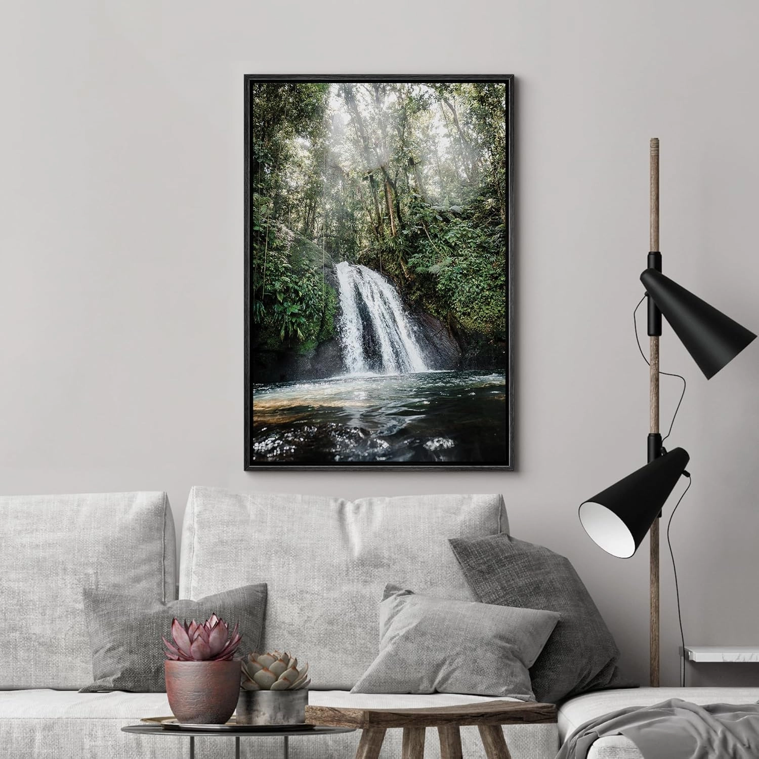 wall26 Framed Canvas Print Wall Art Waterfall Forest Landscape in Sunlight Nature Wilderness Photography Modern Rustic Scenic Multicolor Colorful for Living Room, Bedroom, Office - 16"x24" Black