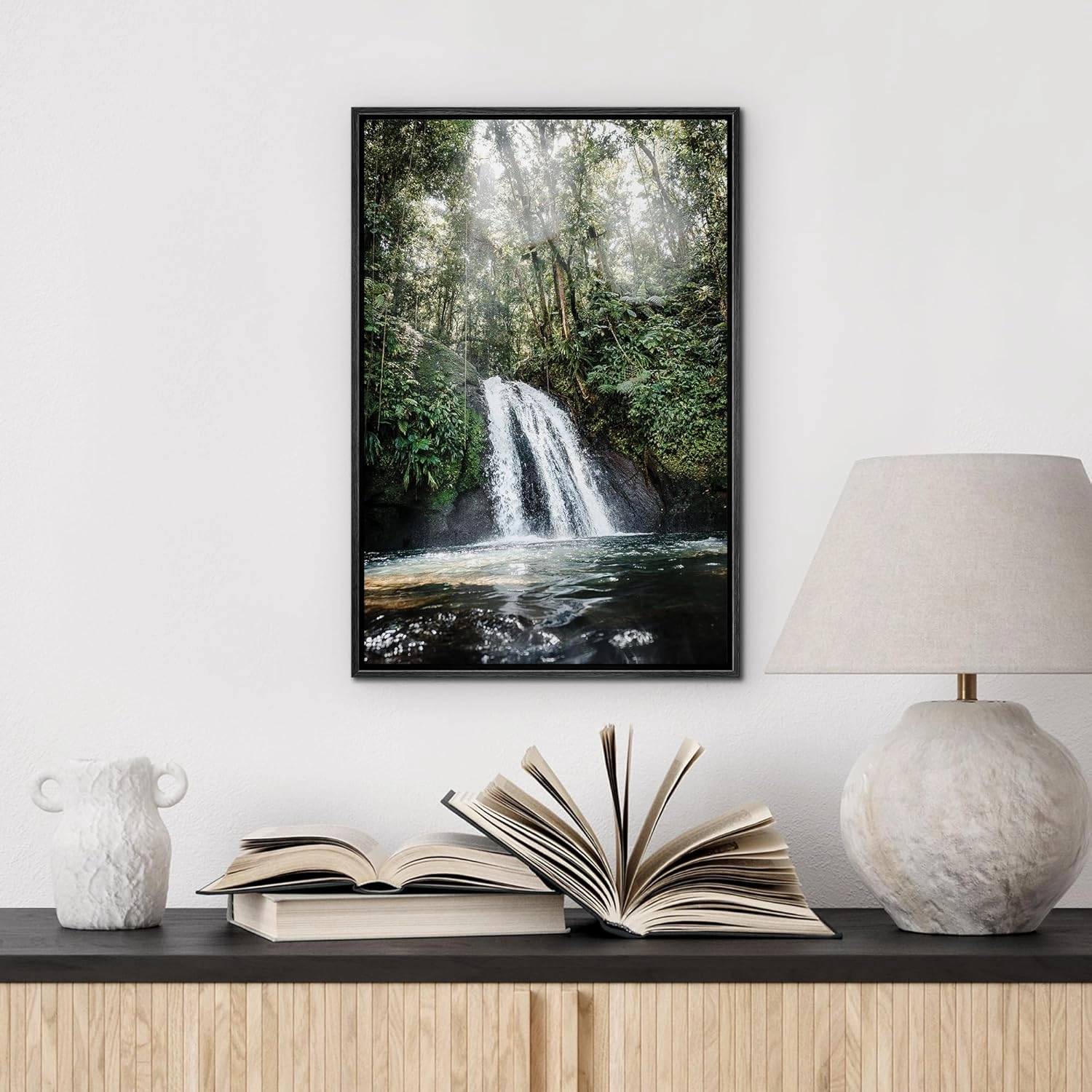 wall26 Framed Canvas Print Wall Art Waterfall Forest Landscape in Sunlight Nature Wilderness Photography Modern Rustic Scenic Multicolor Colorful for Living Room, Bedroom, Office - 16"x24" Black