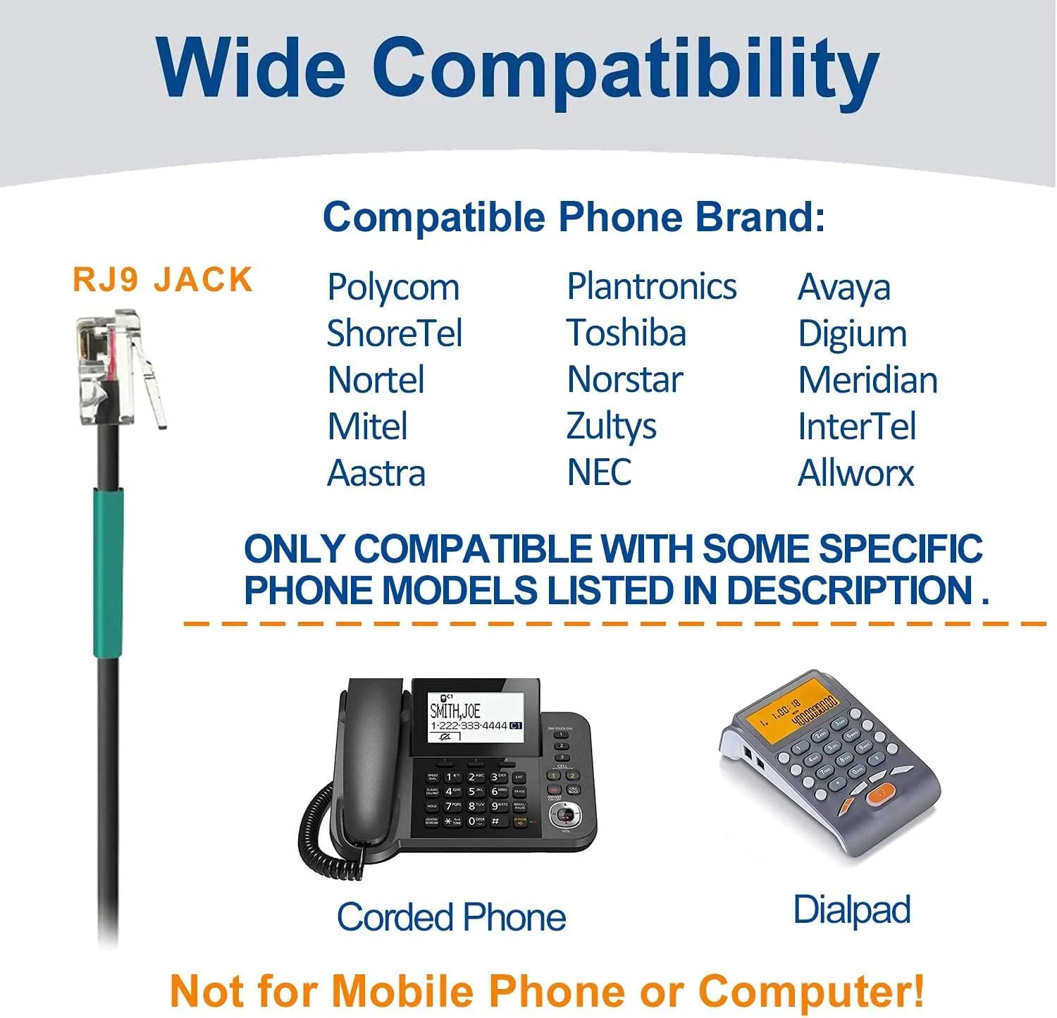Wantek Phone Headset for Call Center - RJ9 Compatible with ShoreTel, Plantronics, Polycom, Zultys, Toshiba, Avaya, Digium, Nortel Office Phones - Mono